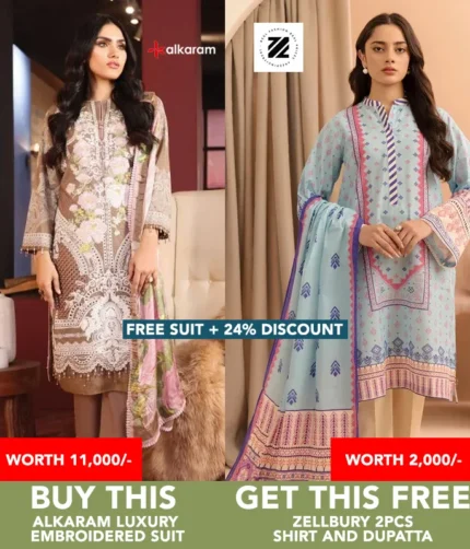 Buy AlKaram Luxury Suit Get Free Zellbury Suit