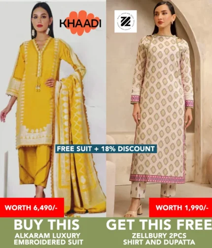 Deal 3 Buy Khaadi Luxury Suit Get Free Zellbury Suit