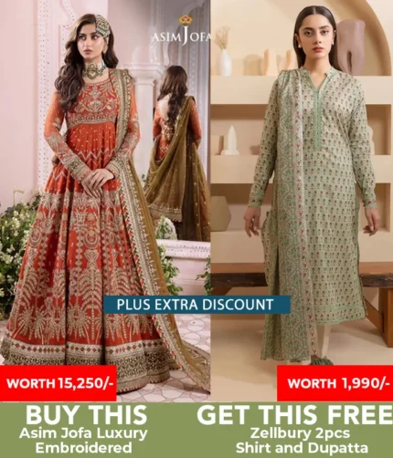 Buy Asim Jofa Wedding Dress Get Zellbury 2pc Lawn Free